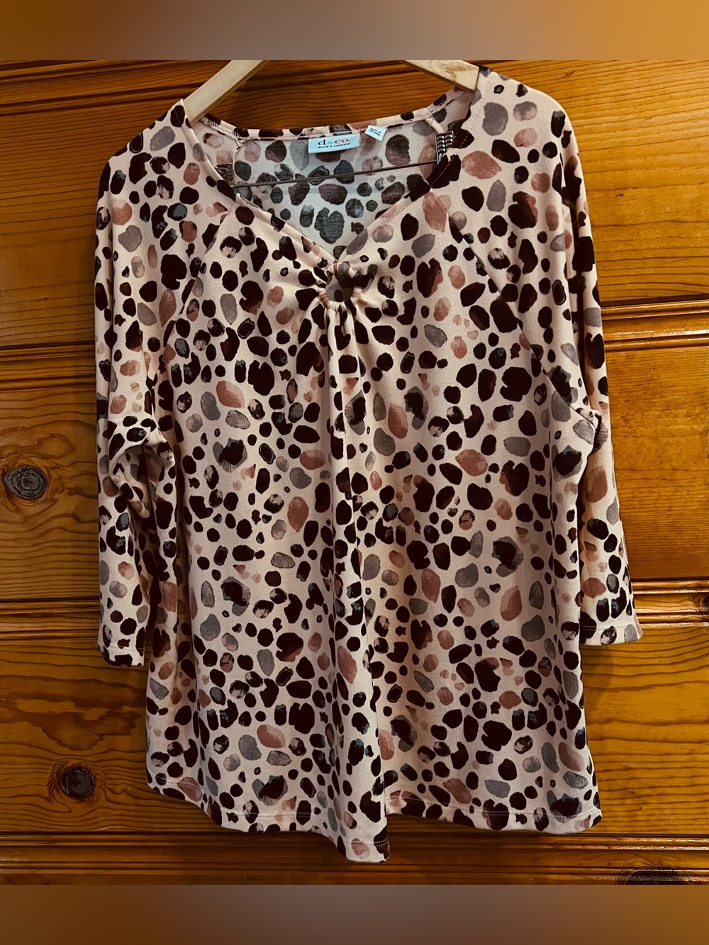 Denim & Co XL Pink Black Grey Animal Print Keyhole V-Neck Raglan Sleeve Tunic